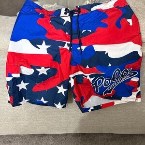 Polo by Ralph Lauren Red, White & Blue Flag-Print Swim Shorts